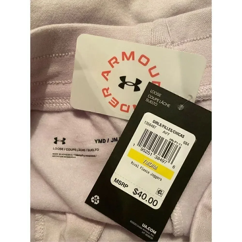 UNDER ARMOUR GIRLS YMED Armour Rival Fleece Joggers - Cool Pink and white Trim